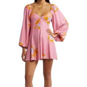 FREE PEOPLE Francesca Mini Babydoll Coqette Dress Floral Pink Puff Long sleeve L